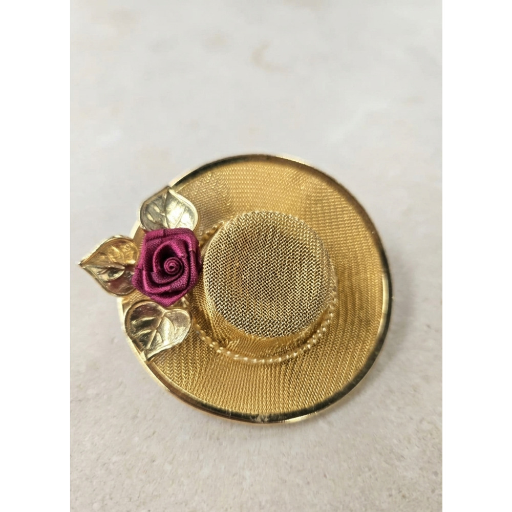 Unbranded Vintage Gold Mesh Sun Hat Brooch Burgundy Rose Floral Pin OS